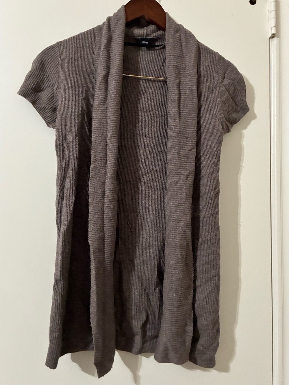 s.Oliver SELECTION Taupe Brown Ribbed Short Sleeve Open Front Cardigan - Size 4